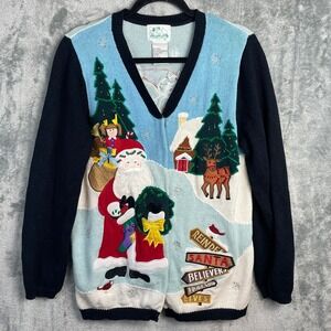 The Quacker Factory Cardigan Womens Small Santa Holiday Sweater Embroidered
